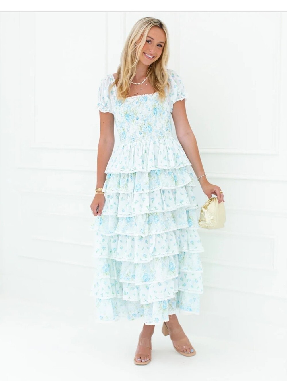 Amy Jane London Blue And White Floral Tiered Maxi Dress 100% Cotton XL